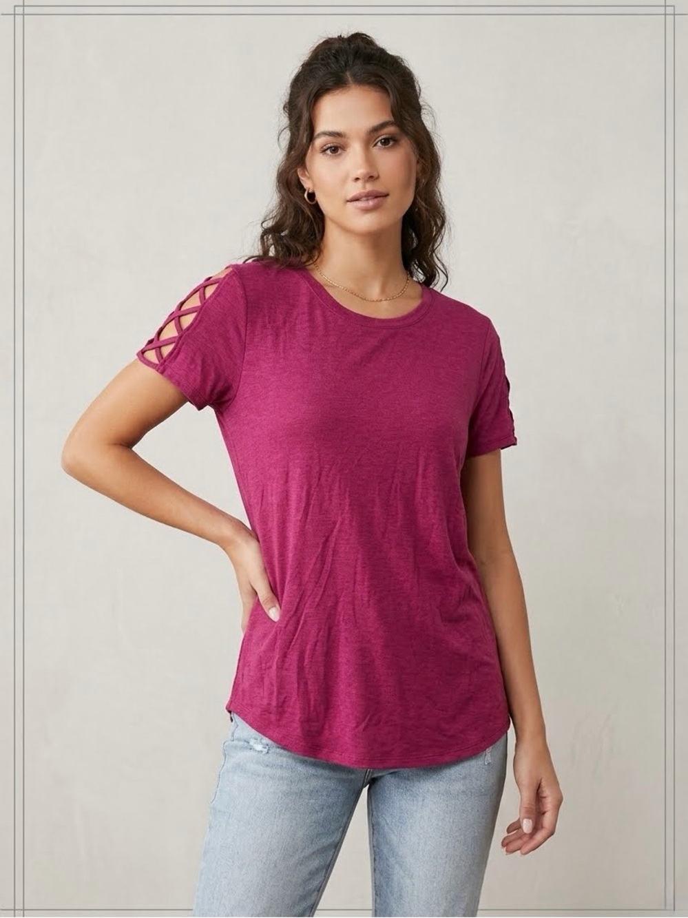 Pink Republic t-shirt with cross cross sleeve design